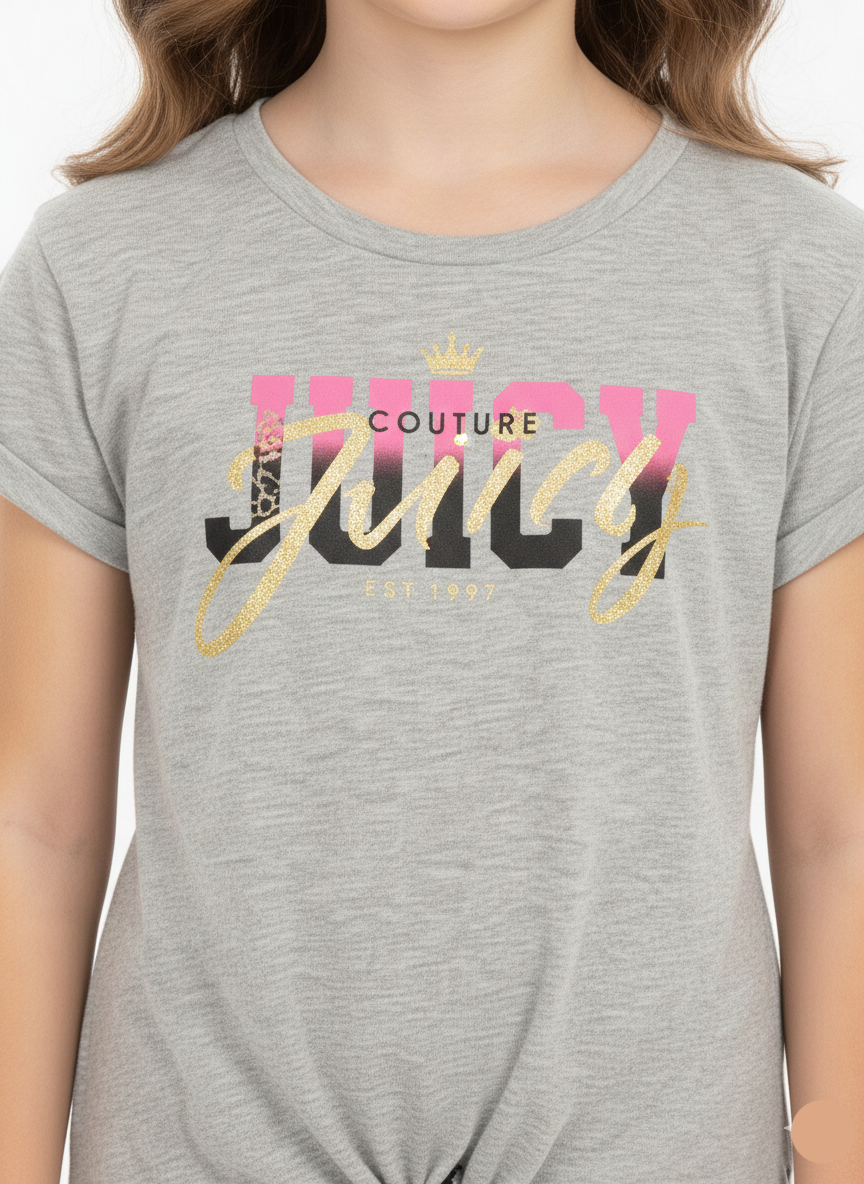 Girls Grey Juicy Printed Short Sleeve Knot Front T-Shirt - GT-15
