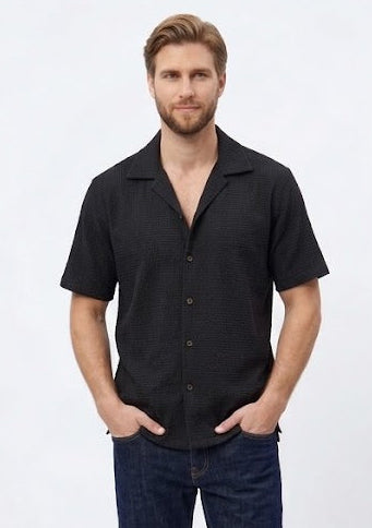 Waffle-Knit Short Sleeve Button-Down Black (MS-15)