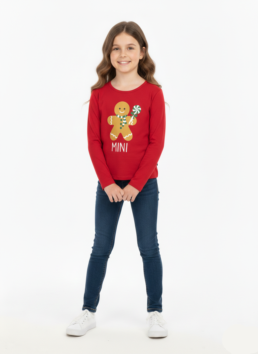 Girls Red Christmas Gingerbread Print Long Sleeve T-Shirt - GT-07