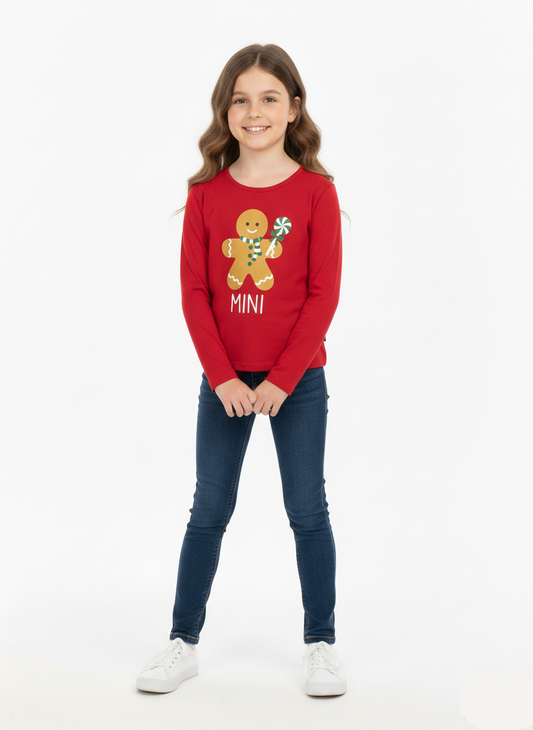 Girls Red Christmas Gingerbread Print Long Sleeve T-Shirt - GT-07