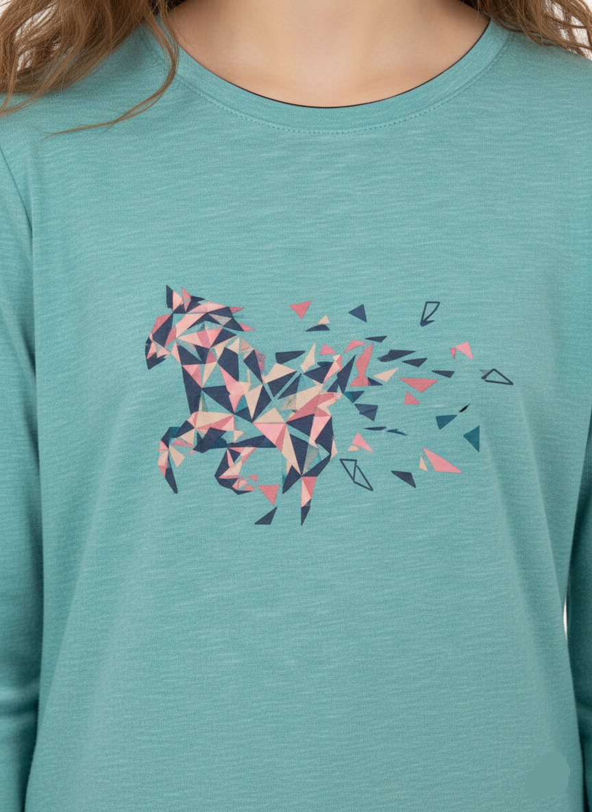 Girls Mint Green Long Sleeve Horse Graphic Top - GT-14