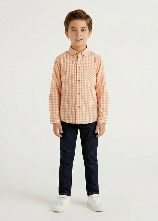 Boys' Orange & White Gingham Button-Down Shirt -  (BS-11)