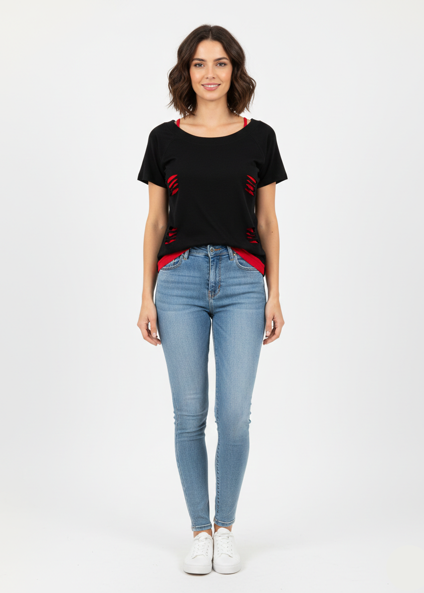 Women’s Black Casual T-Shirt with Red Contrast – Short Sleeve Fashion Top - WT-02