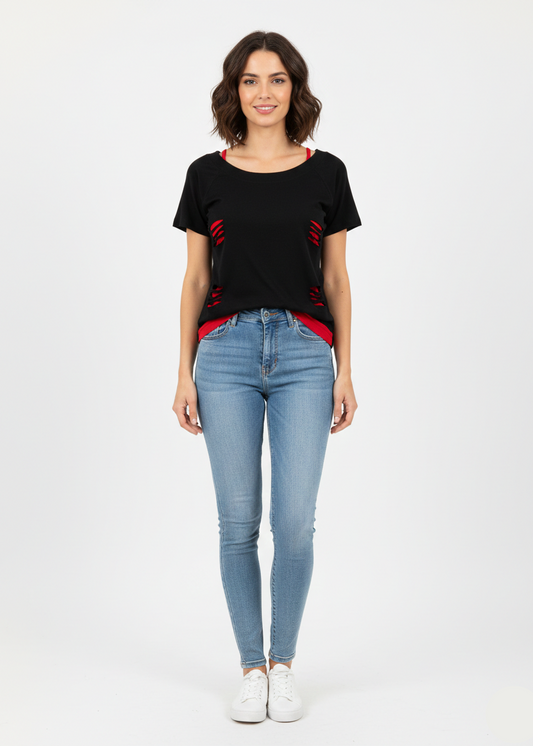 Women’s Black Casual T-Shirt with Red Contrast – Short Sleeve Fashion Top - WT-02