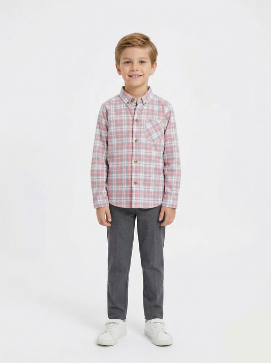 Boys' Long Sleeve Plaid Flannel Shirt  - Pink and Blue Check -  BS-07