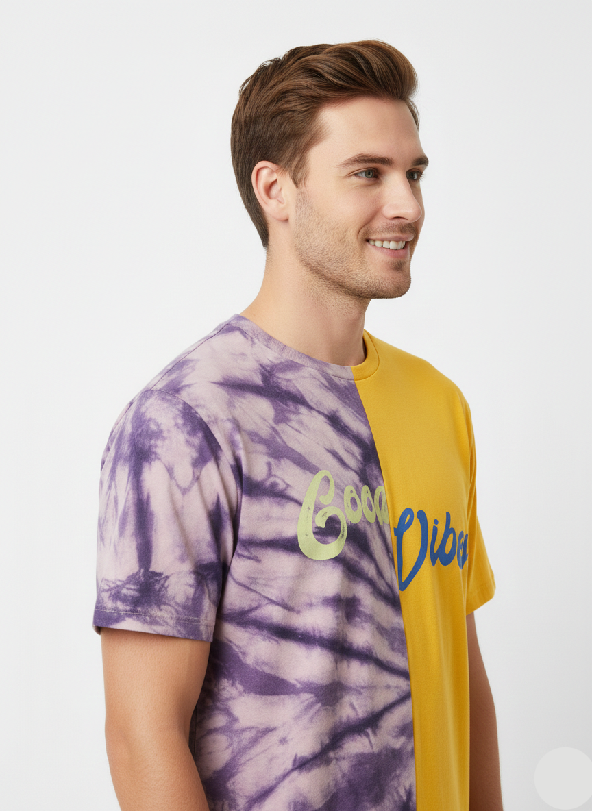 Men’s Half Sleeve Graphic T-Shirt – Yellow & Purple Tie-Dye Casual Tee - MT-08