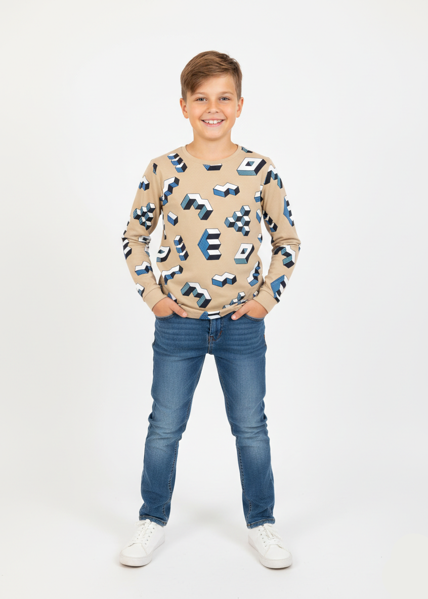 Boys Beige Printed Full Sleeve T-Shirt BT-03