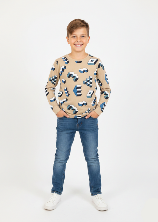 Boys Beige Printed Full Sleeve T-Shirt BT-03