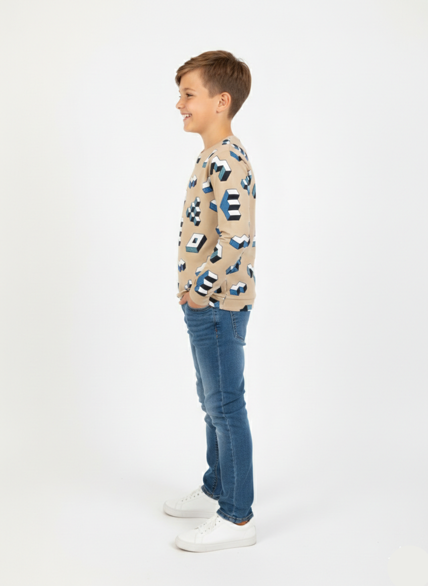Boys Beige Printed Full Sleeve T-Shirt BT-03