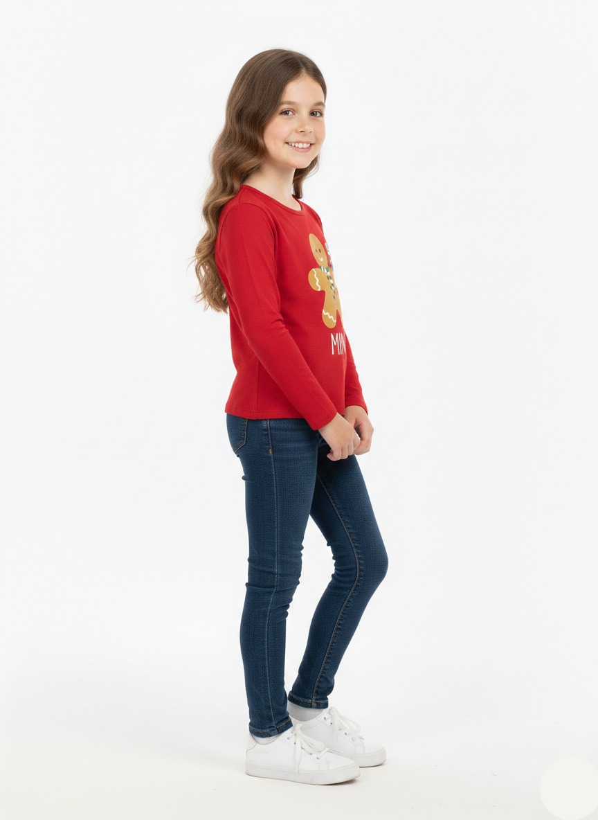Girls Red Christmas Gingerbread Print Long Sleeve T-Shirt - GT-07