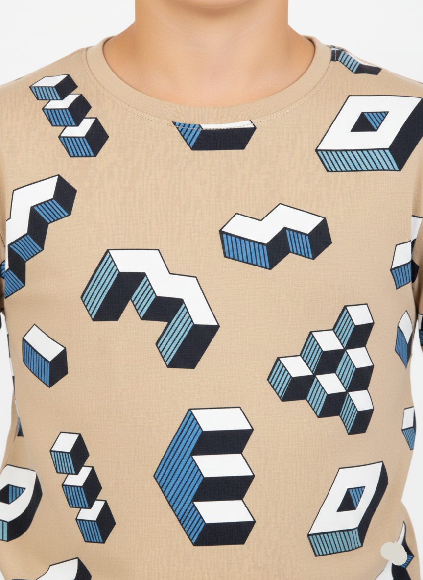 Boys Beige Printed Full Sleeve T-Shirt BT-03