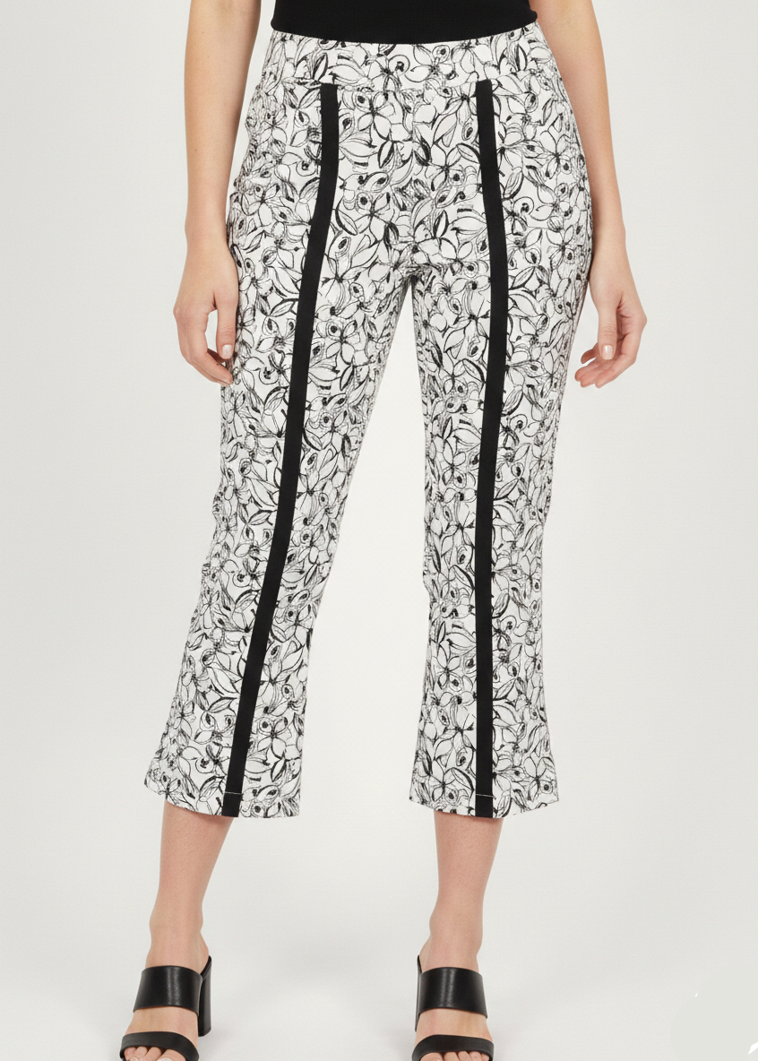 Ladies Floral Print Casual Trousers – Stylish Black & White Pants W-13