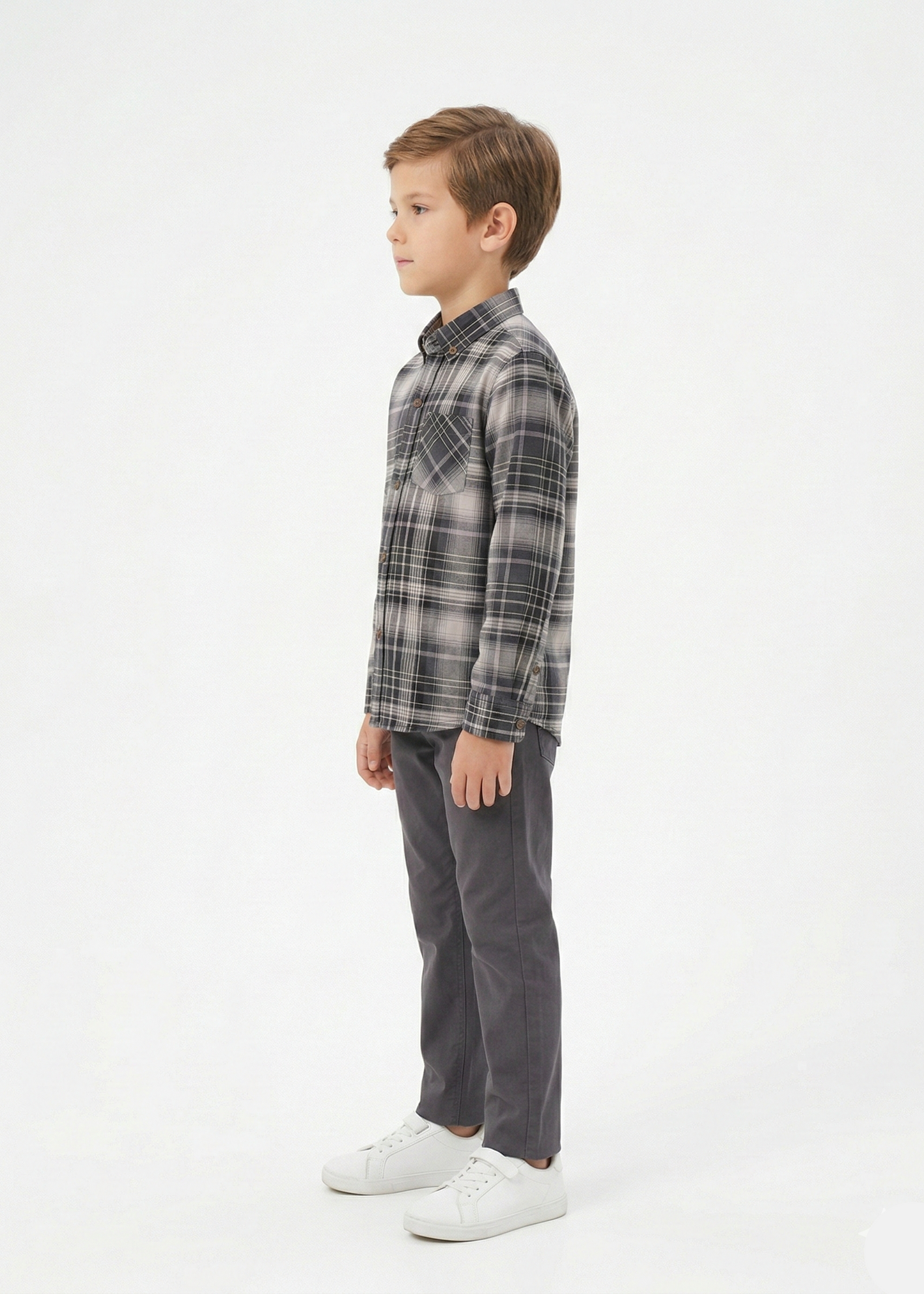 Boys' Black and White Plaid Long-Sleeve Cotton Shirt -  BS-04