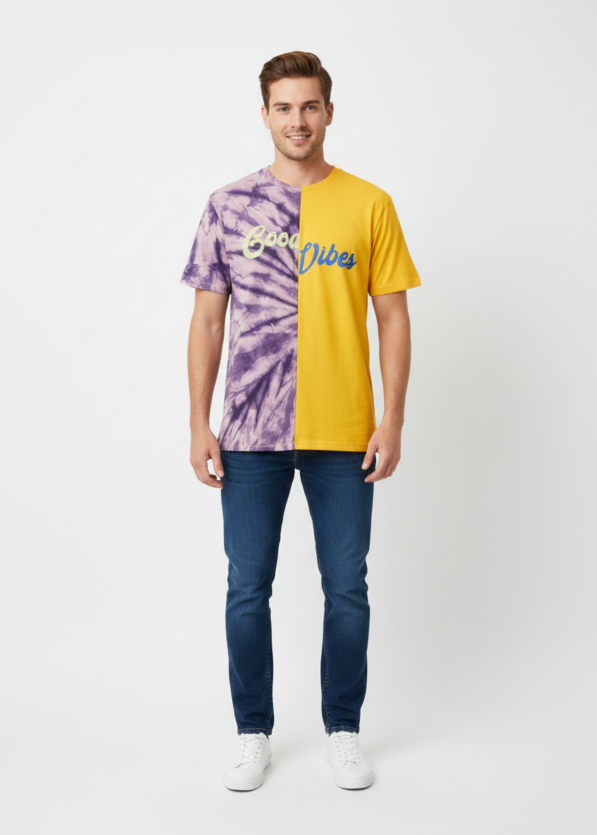 Men’s Half Sleeve Graphic T-Shirt – Yellow & Purple Tie-Dye Casual Tee - MT-08