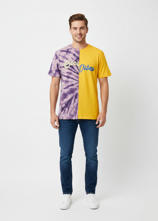 Men’s Half Sleeve Graphic T-Shirt – Yellow & Purple Tie-Dye Casual Tee - MT-08