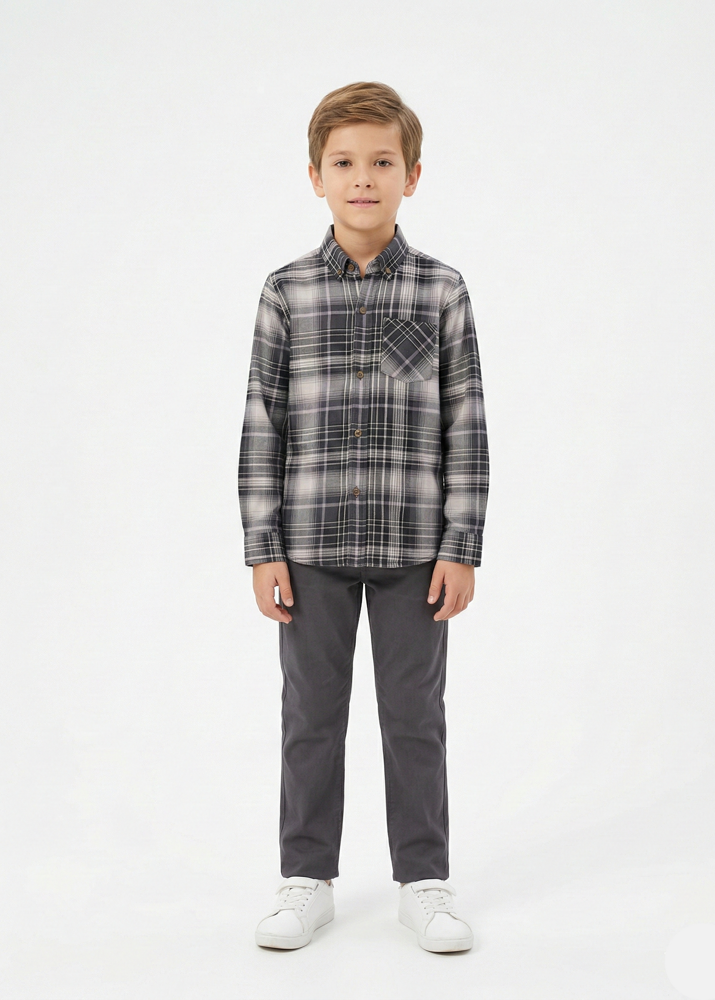 Boys' Black and White Plaid Long-Sleeve Cotton Shirt -  BS-04