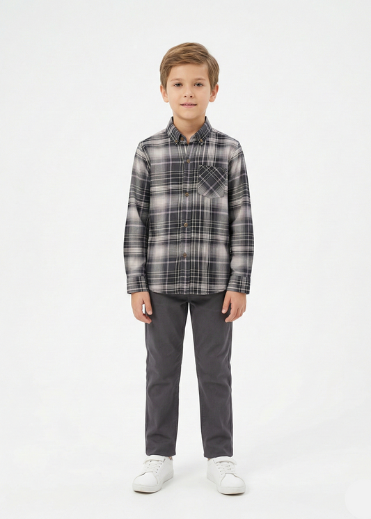 Boys' Black and White Plaid Long-Sleeve Cotton Shirt -  BS-04