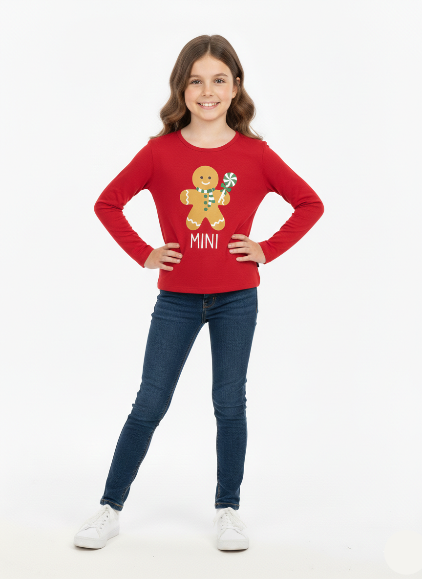 Girls Red Christmas Gingerbread Print Long Sleeve T-Shirt - GT-07