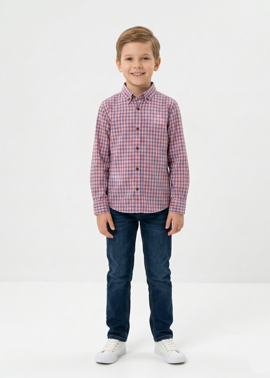 Boys' Long-Sleeve Pink Plaid Button-Down -  (BS-1)