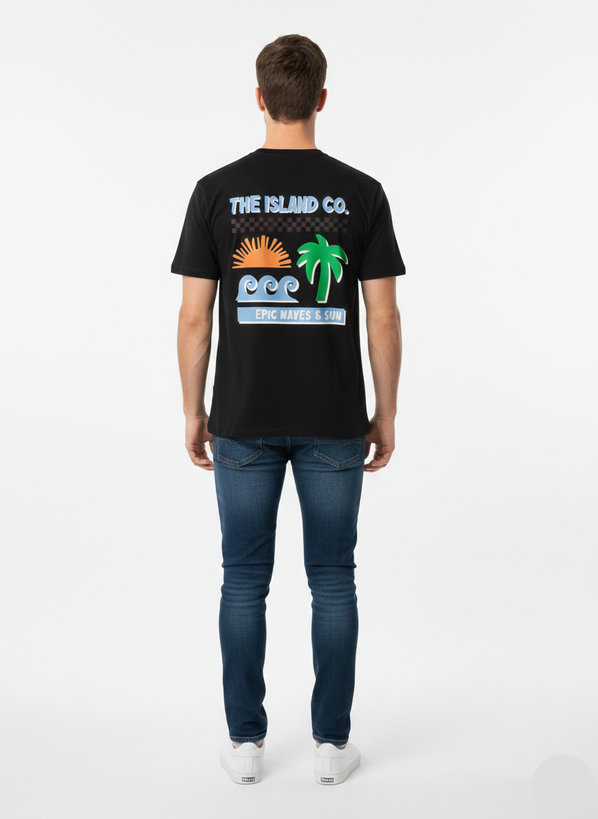 Men’s Island Theme Printed Black T-Shirt – Slim Fit MT- 21
