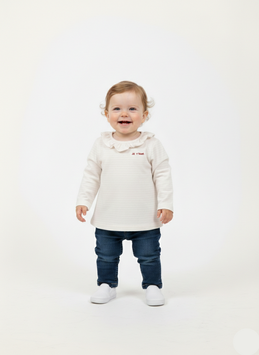 Baby Girls Beige Full Sleeves Ruffle Neck Soft Cotton Top for Everyday Comfort  GT-30