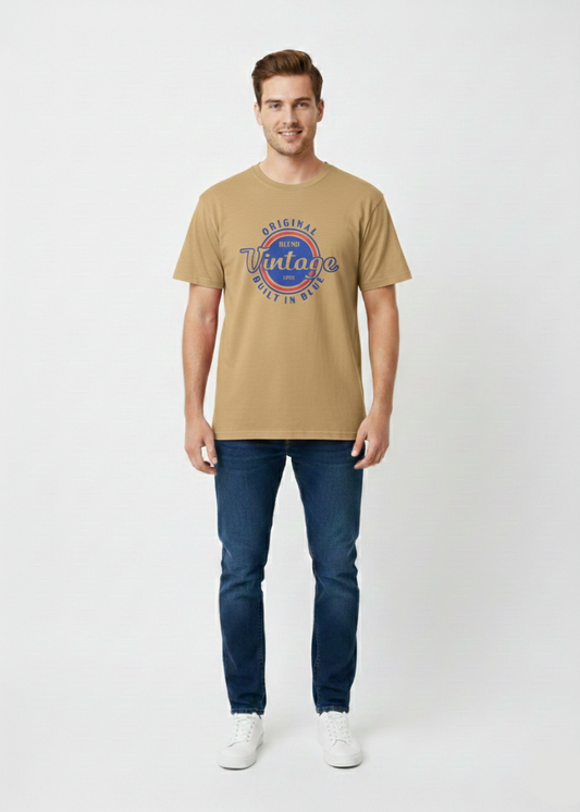 Men’s Vintage Print T-Shirt – Casual Brown Half Sleeve Graphic Tee - MT- 18