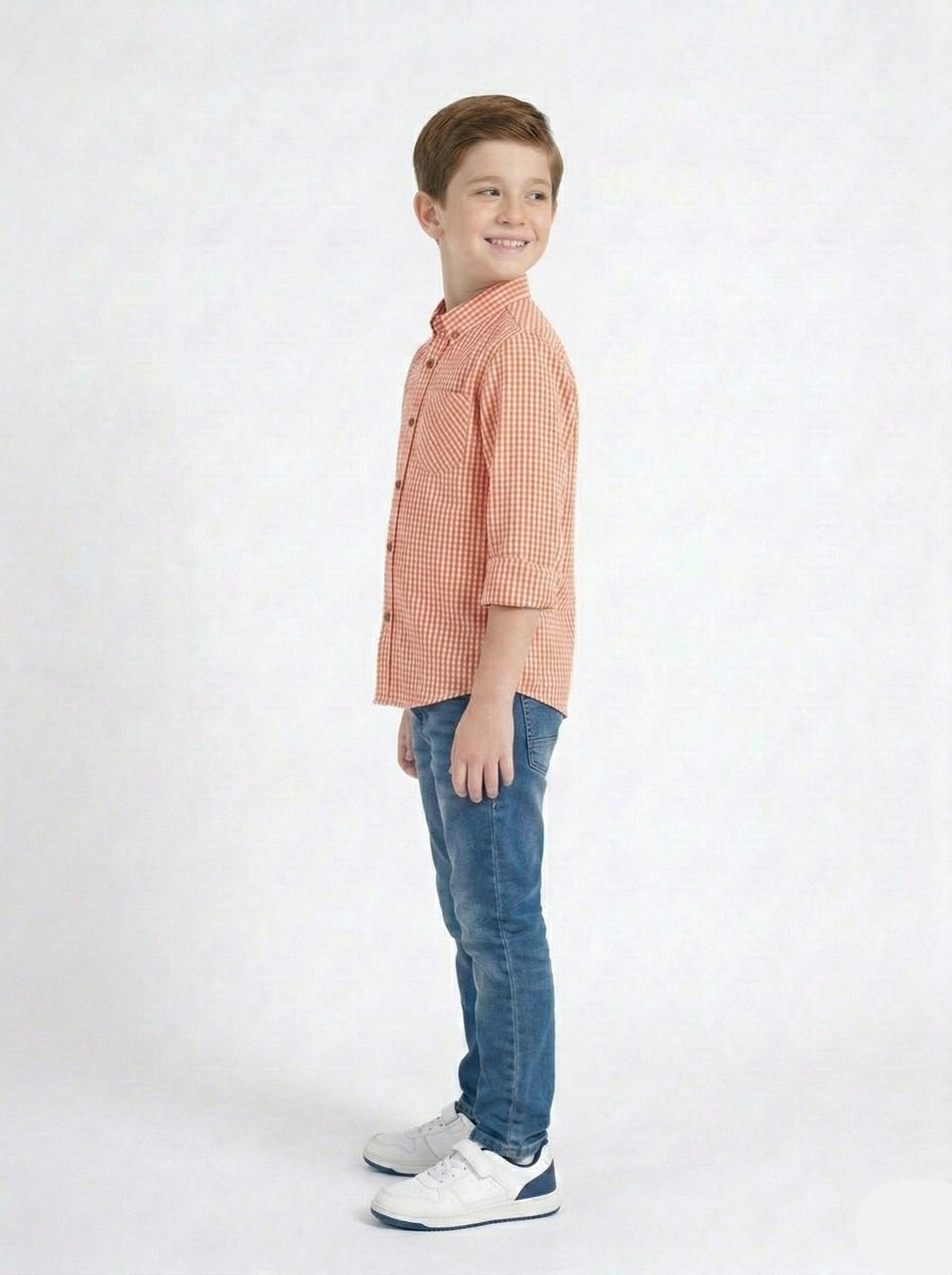 Boys Long-Sleeve Gingham Check Shirt in Sunset Orange BS-03