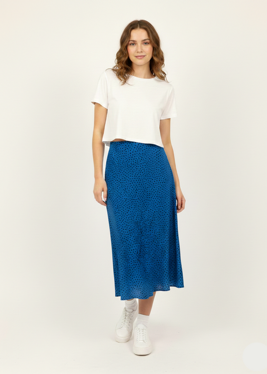 Women’s Blue Polka Dot Midi Skirt – Casual A-Line Printed Skirt - W-6