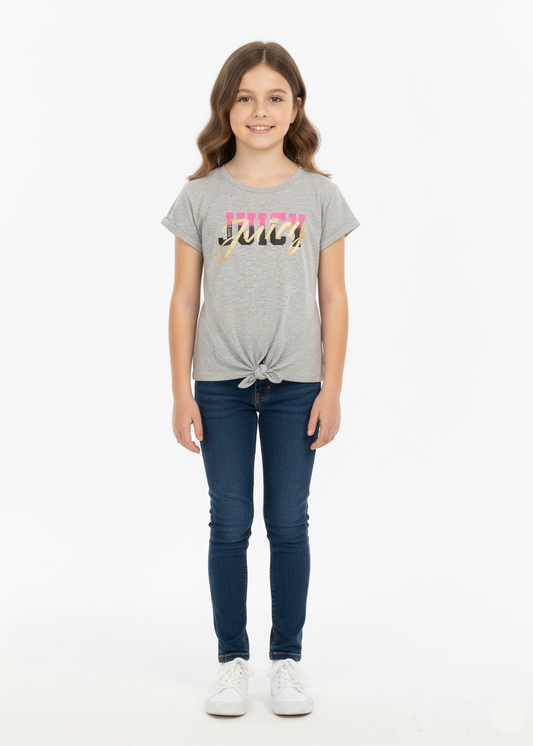 Girls Grey Juicy Printed Short Sleeve Knot Front T-Shirt - GT-15