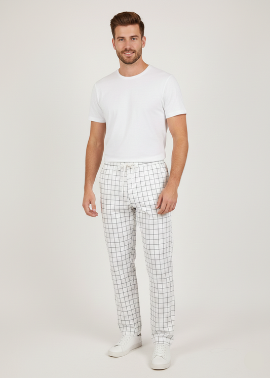 Men’s White Checkered Casual Lounge Trousers MTR-7