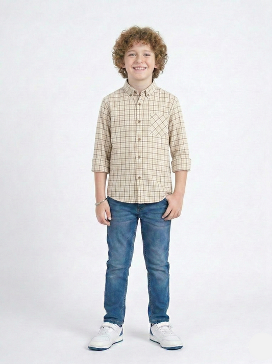 Boys Beige Checkered Casual Shirt  BS-06