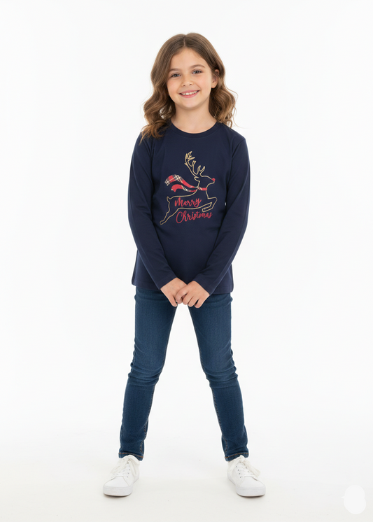 Girls Navy Blue Merry Christmas Reindeer Long Sleeve Top - GT-08