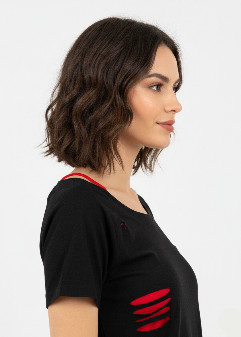 Women’s Black Casual T-Shirt with Red Contrast – Short Sleeve Fashion Top - WT-02