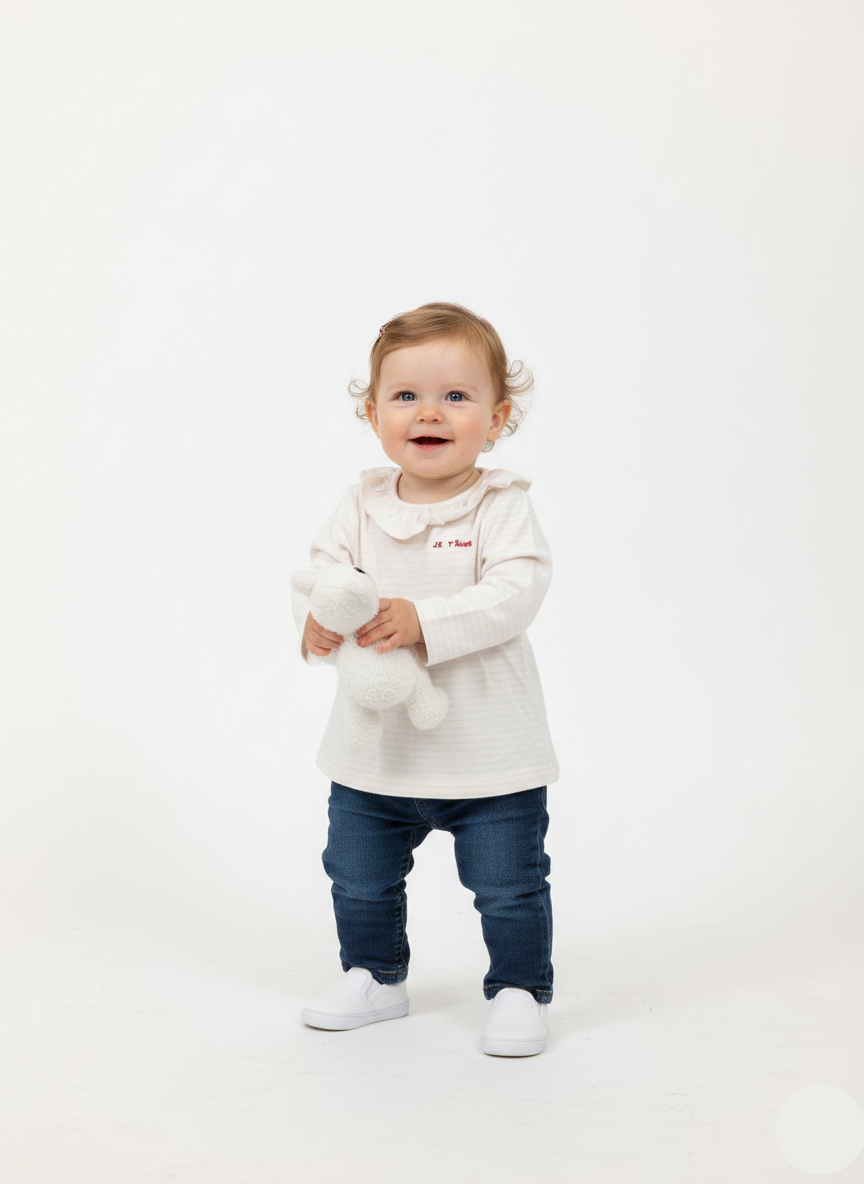 Baby Girls Beige Full Sleeves Ruffle Neck Soft Cotton Top for Everyday Comfort  GT-30