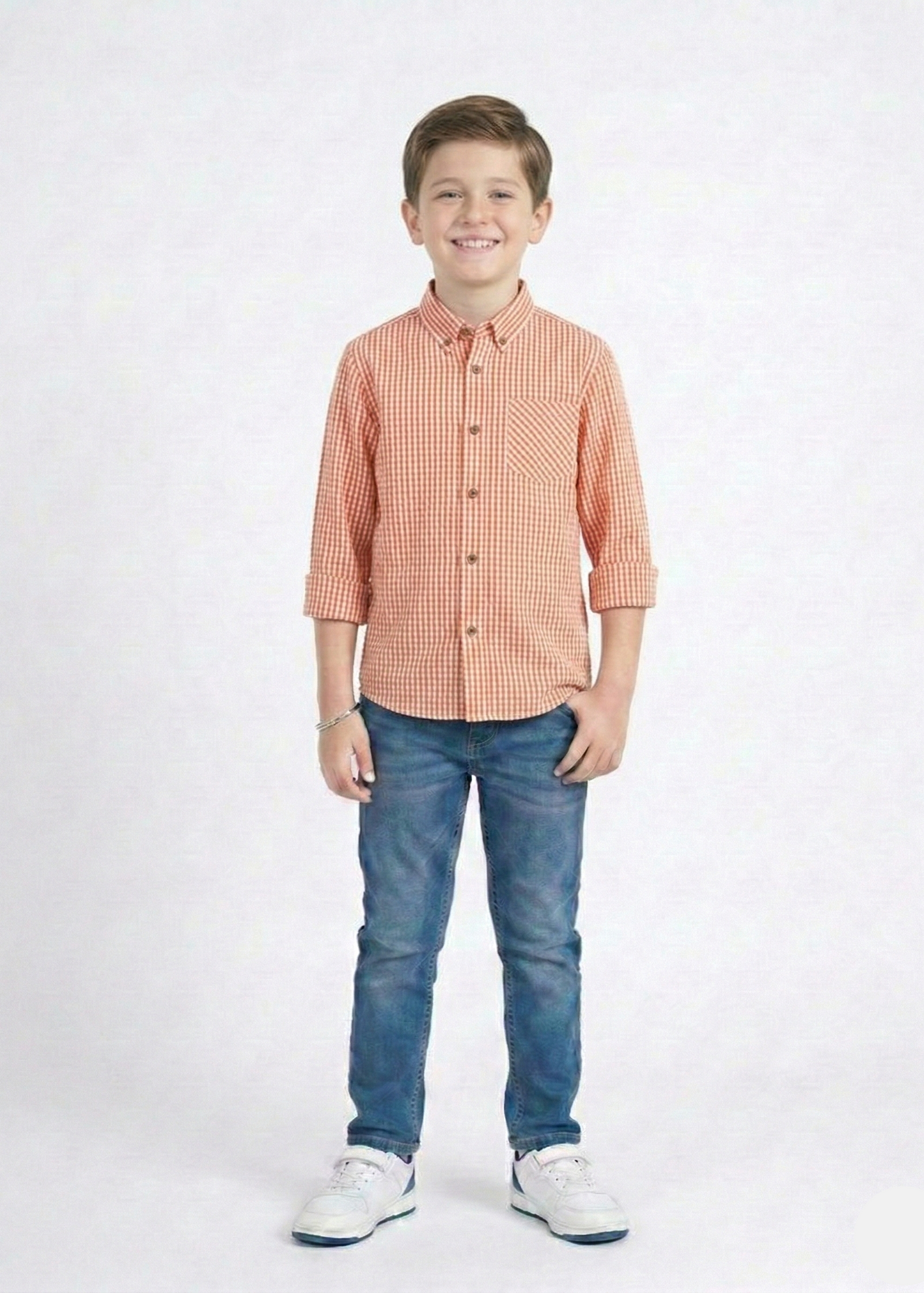 Boys Long-Sleeve Gingham Check Shirt in Sunset Orange BS-03