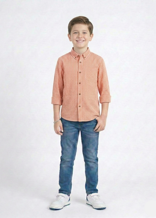 Boys Long-Sleeve Gingham Check Shirt in Sunset Orange BS-03