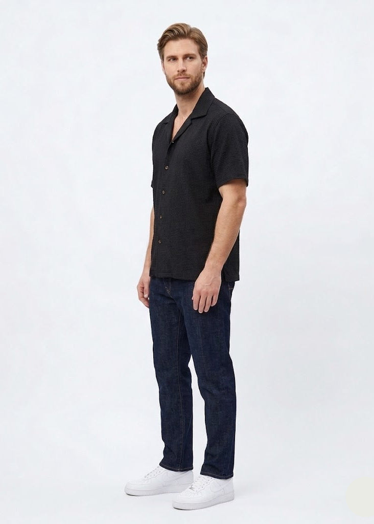 Waffle-Knit Short Sleeve Button-Down Black (MS-15)