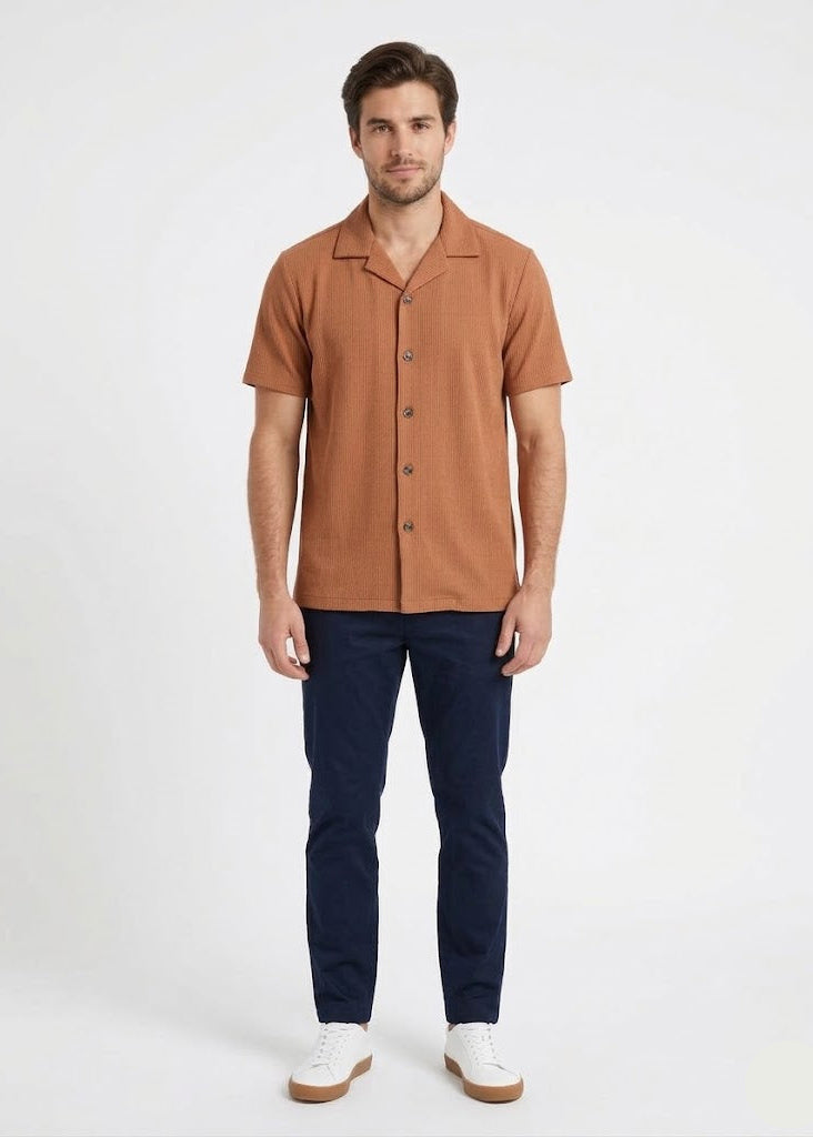 Vertical Textured Short Sleeve Cuban Collar Shirt (MS-14)